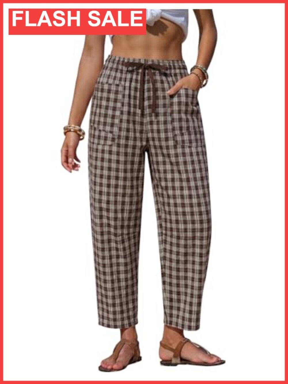Womens Barrel Leg Casual Pants Wide Leg Crop Side Pockets Pull On